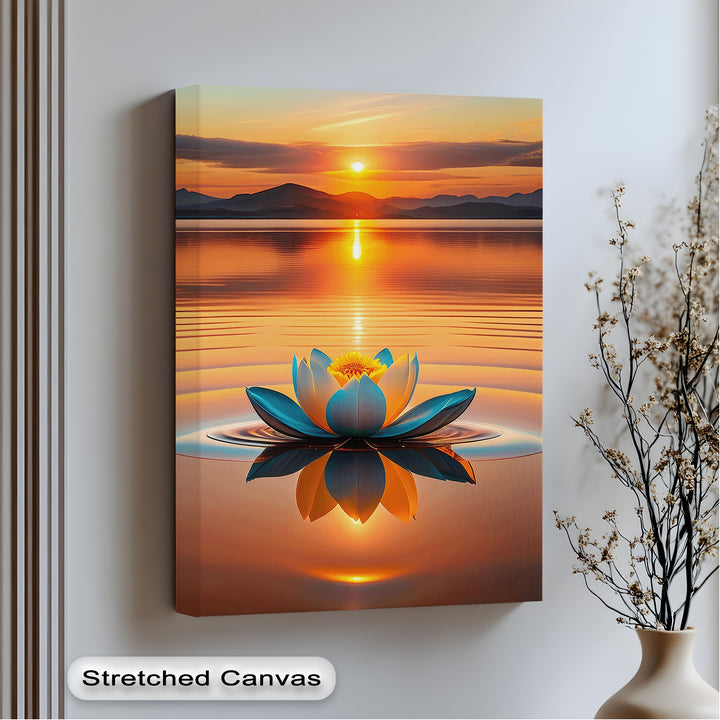 The abstract quality of this captivating big canvas print highlights a vibrant stylized lotus reflecting on serene water beneath a glowing sunset.