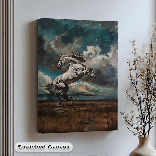 Visible canvas pictures showcase sharp edges and a smooth border, presenting a striking white stallion rearing canvas print under a turbulent sky.