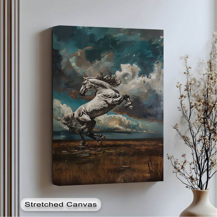 White Stallion Rearing Under a Turbulent Sky - Horse Canvas Print