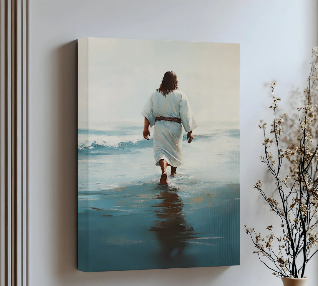 Experience serenity in motion with this minimalist canvas wall art of Jesus walking into calm seas.

