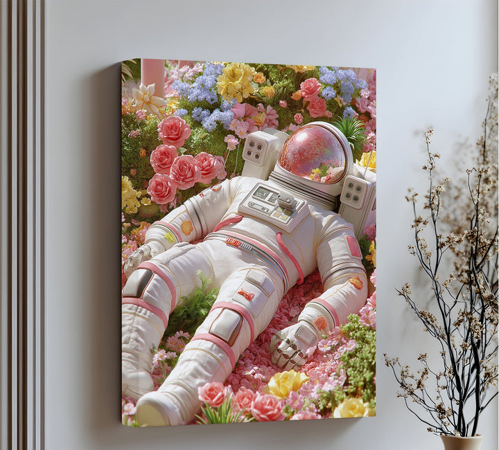 Astronaut Resting in a Garden of Flowers - Pink Canvas Print
