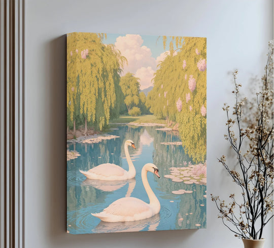 Highlighting the edge and borders, this premium canvas decor shows a serene swan pair canvas print, framed and tightly wrapped, illustrating an idyllic lily pond scene.