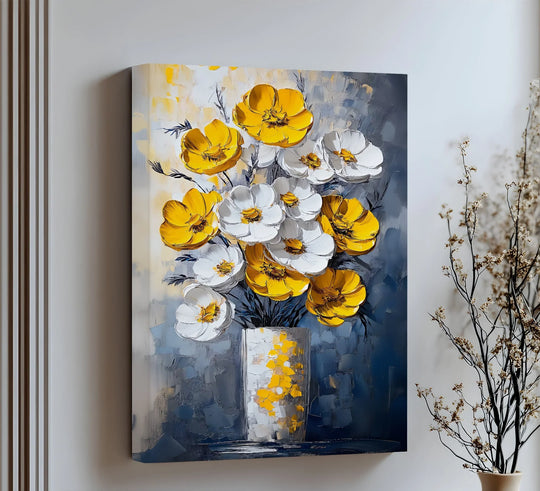 Sunlit Elegance – Yellow and White Poppies in Vase Canvas Print - MyPhotoStation