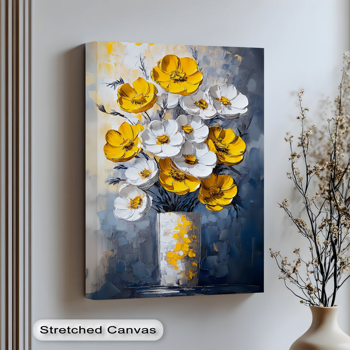 Sunlit Elegance – Yellow and White Poppies in Vase Canvas Print
