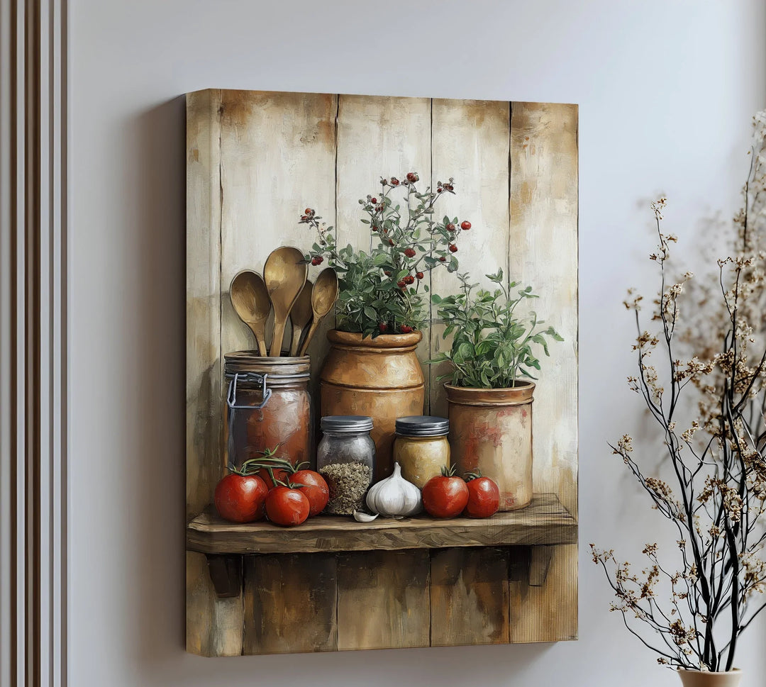 Herb Garden Shelf – Rustic Tomato & Spice Kitchen Canvas Print - MyPhotoStation