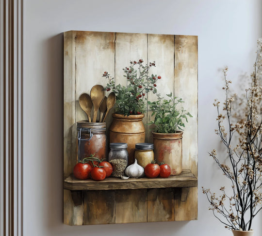 Highlighting the abstract quality, the Herb Garden Shelf rustic kitchen canvas painting blends shape and color for a modern art depiction of still-life country decor.