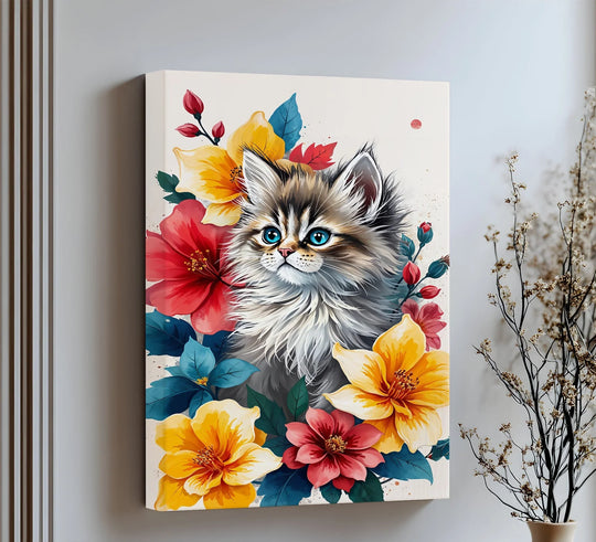 Foreground yellow and red blossoms highlight the expressive blue eyes of a fluffy kitten in this unique canvas print, a captivating floral feline portrait.
