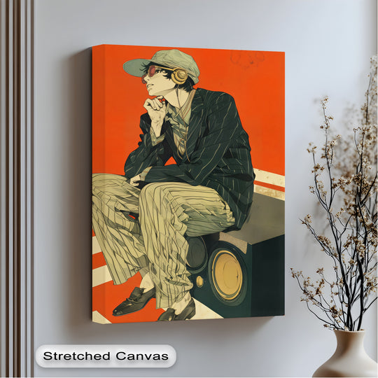 Sweeping lines give a sense of movement to this retro street vibe hanging canvas print, showing a stylish figure immersed in sound and fashion.