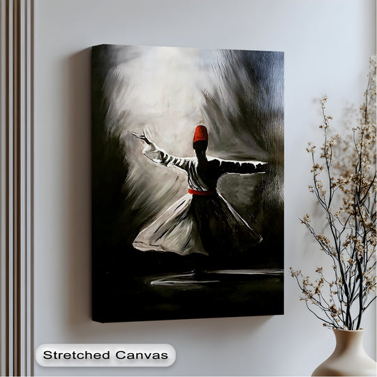 Realistically detailed, this Islamic canvas painting depicts a dark Sufi Dervish in mid-whirl, showcasing vibrant colors and dramatic light.