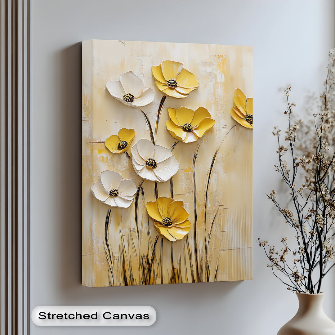 Sunny Yellow and White Poppies – elegant floral canvas print for wall decor.

