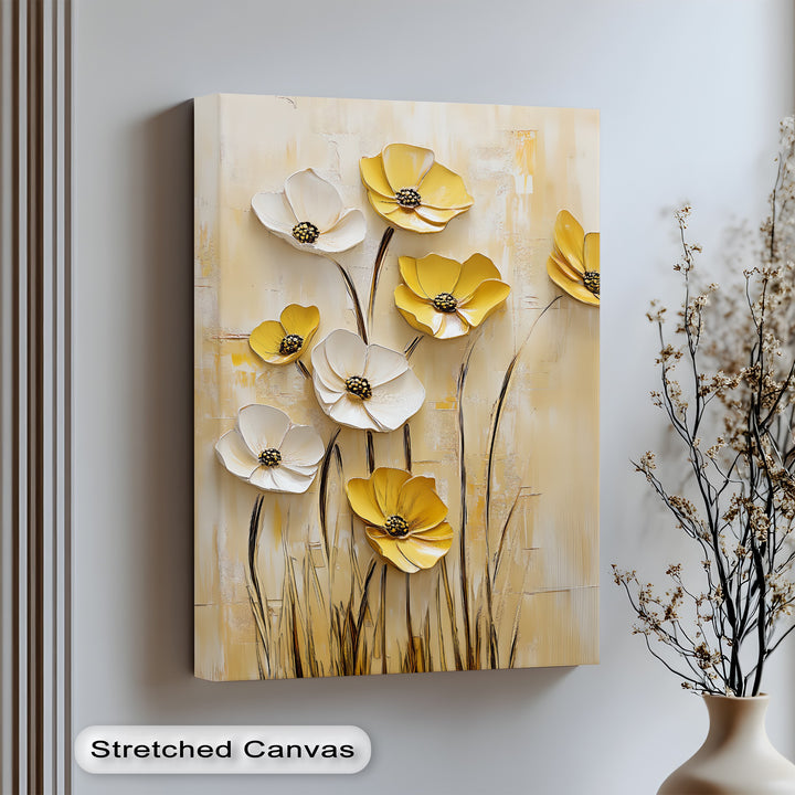 Sunny Yellow and White Poppies – elegant floral canvas print for wall decor.


