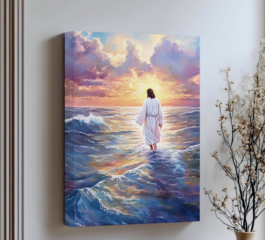 Let your space shine with this radiant canvas wall art of Jesus walking over sunset-lit waters.

