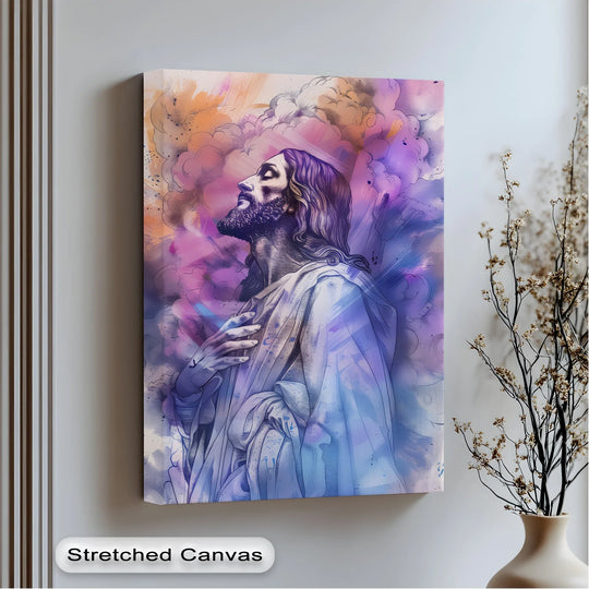 Canvas wall art of Jesus looking to heavens in purple and beige tones spiritual canvas print for prayer spaces and home decor