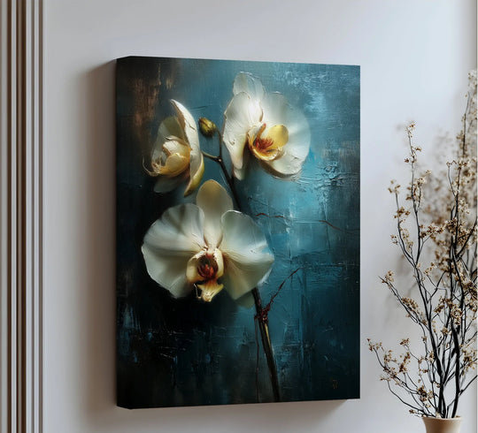 Dramatic teal hues form the backdrop of this elegant botanical canvas print, accentuating the luminous white orchids as a striking hanging canvas.