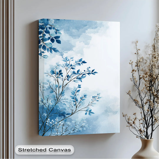 Canvas wall art surface texture reveals a subtle weave beneath the indigo breeze botanical watercolor leaf design in these blue canvas prints.