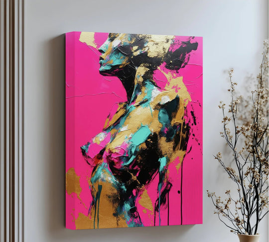 Striking color contrast defines this abstract female figure hanging canvas art print, where bold pink, aqua, gold, and black hues create a visually electric muse.