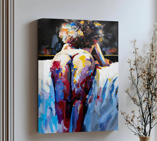 Light and shadow accentuate the contours of the female figure in this abstract Colorfall Desire bold canvas art print.