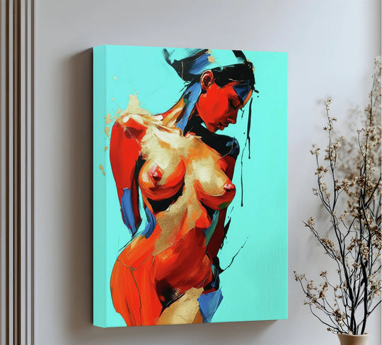 The crisp edges and tight borders showcase this canvas pictures artwork, a vibrant, ready-to-hang canvas print featuring a bold abstract female figure with striking gold accents.