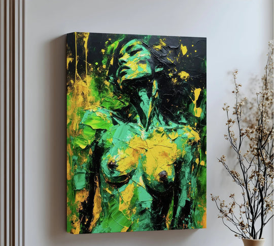 Vibrant green and yellow brushstrokes form the captivating figure in this verdant awakening abstract nude, a unique canvas print with bold expression.