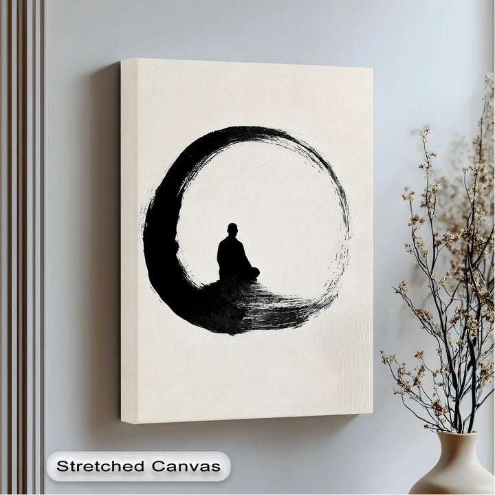 Zen Circle with Meditating Figure – Minimalist Japanese Ink Canvas Print - MyPhotoStation