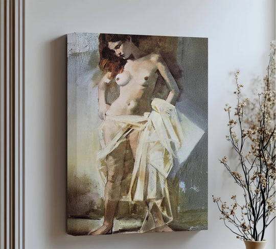 Subtle interplay of light and shadow enhances the contours of the nude figure in this classical 'Golden Veil' canvas wall decor, creating depth and a soft, ethereal feel.