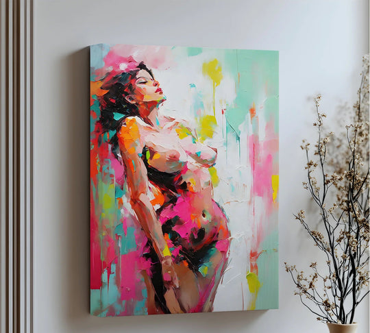Textured surface of the radiant surrender bold expressionist nude canvas wall art print reveals the brushstrokes and vibrant colors, highlighting the artistic canvas wall art.
