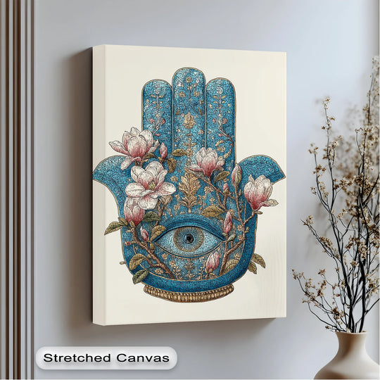 Soft, delicate magnolia blooms adorn the detailed, blue sacred hamsa hand, creating a visually striking canvas art prints that serves as a spiritual focal point.