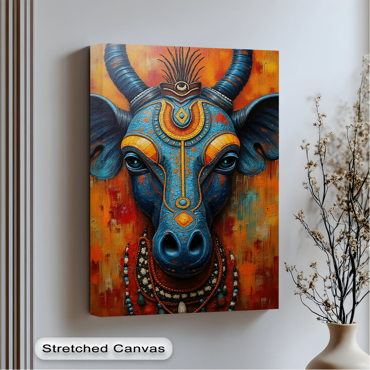 With rich color saturation, the mystical blue bull displays sacred Indian motifs as stunning canvas pictures, enhancing this artwork canvas with vibrant tones.