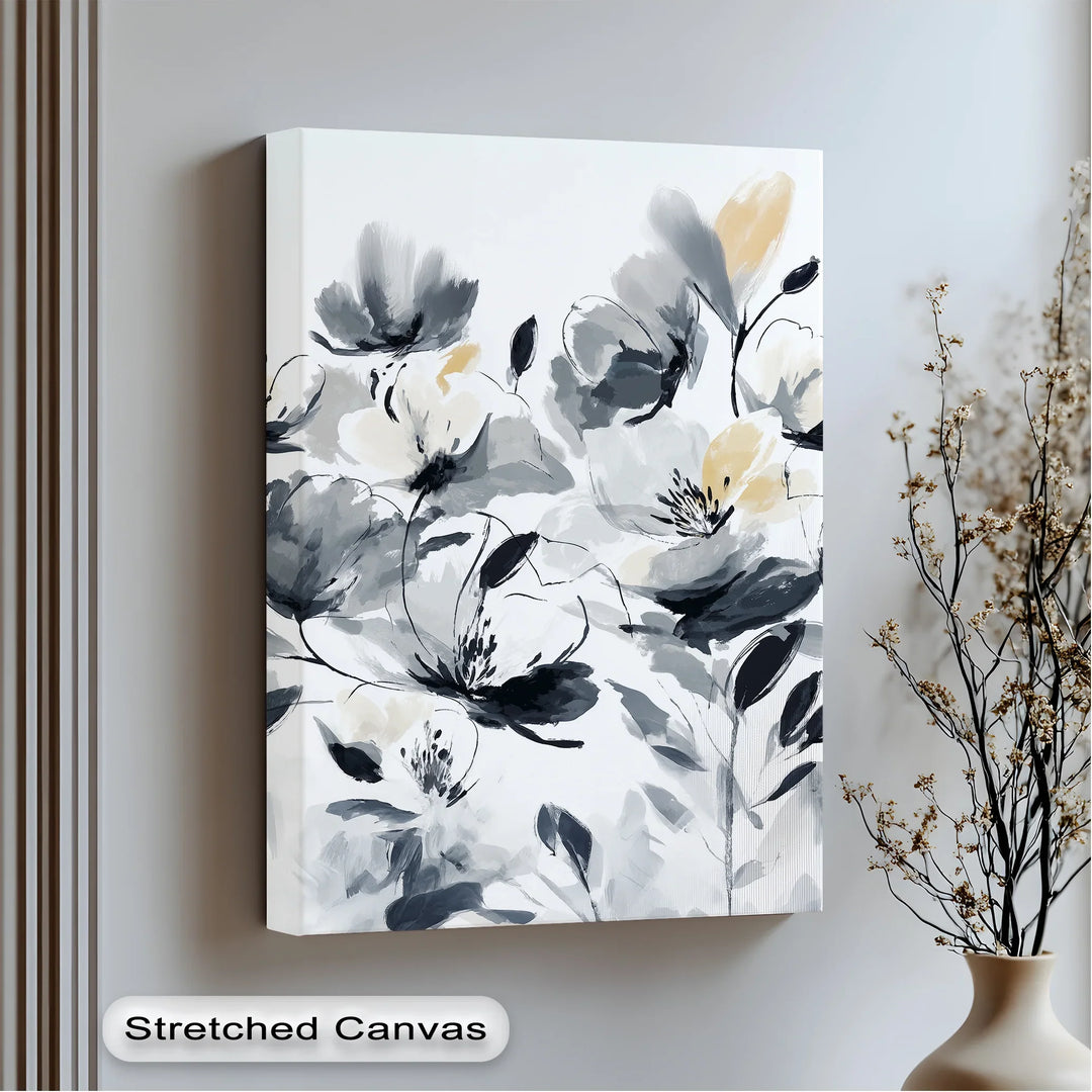 Monochrome Elegance – Black and Ivory Abstract Floral Canvas Print - MyPhotoStation
