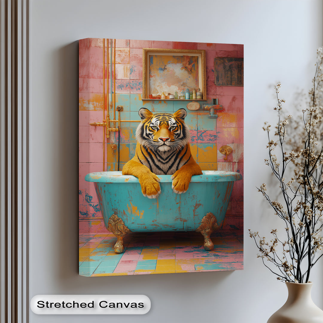 Ideal for bathroom wall decor or artsy lofts, this tiger canvas print fuses humor, elegance, and maximalist energy—captivating attention in any setting.

