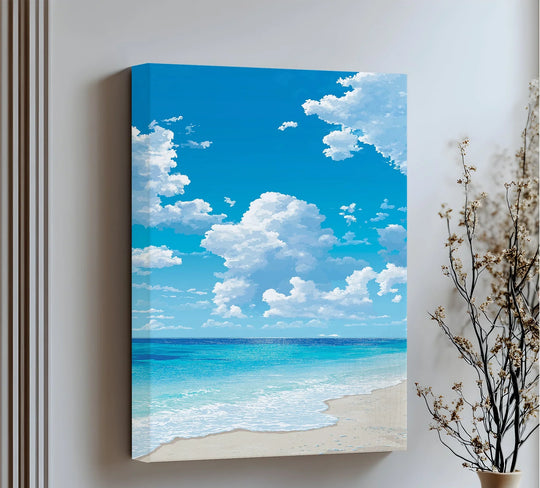 High color saturation enhances the serene blues of the ocean and sky in this tranquil coastal canvas wall decor, creating a captivating beach horizon art print.