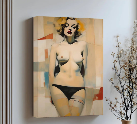 Illuminated skin tones draw the eye in this retro nude glamour canvas print, showcasing a bold lip and abstract details in this captivating canvas wall decor.
