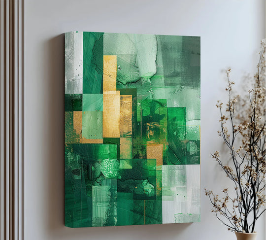 Verdant Geometry – Emerald and Gold Abstract Canvas Print - MyPhotoStation