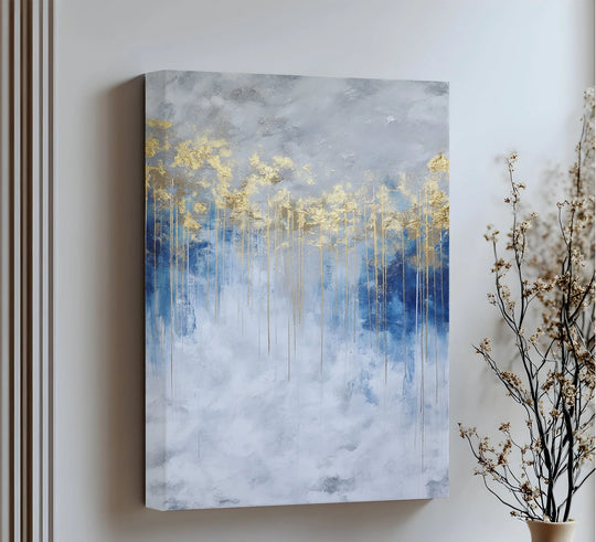 Golden accents define the loudest element of this 'Golden Skyline on Stormy Blue' framed canvas, a luxury abstract canvas print.