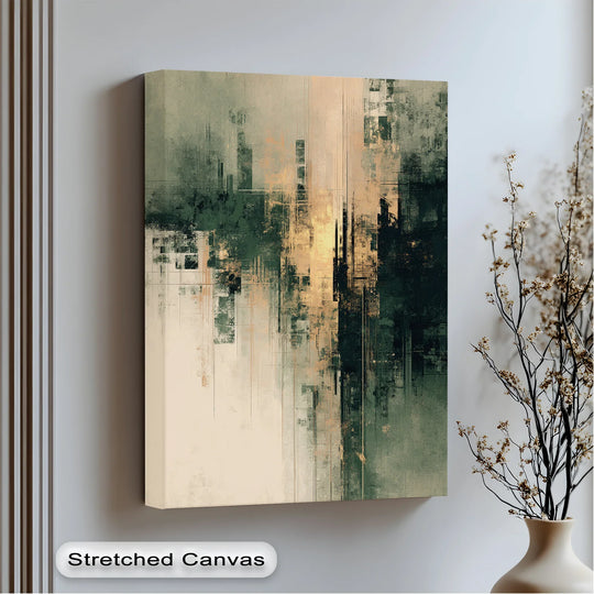 Geometric shapes define this premium canvas decor, showcasing the 'Urban Fade' abstract canvas print with its blocks of green, gold, and linear textures.
