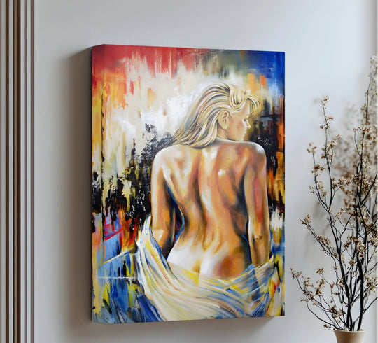 The stillness of the blonde female back is captured in this Ember Light canvas painting, featuring warm, abstract color tones.