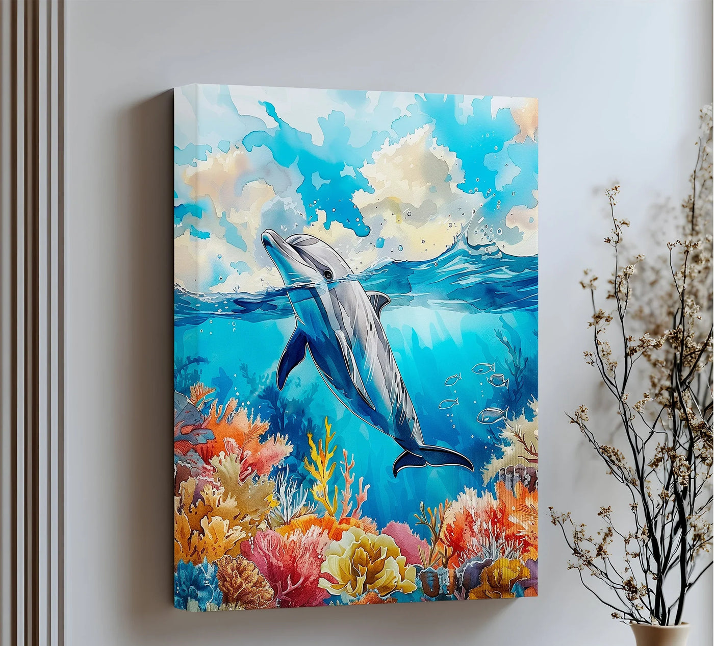 Blue-dominated framed canvas art presents a serene scene of a dolphin swimming amidst a vibrant coral reef, evoking the depths of a blue ocean paradise.