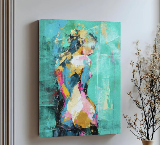 Negative space surrounds the abstract female nude in this aqua serenity canvas wall art print, adding depth and contrast to the colorful figure.