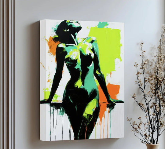 Finely textured canvas wall art enhances the bold impact of this neon green and black abstract nude print, ensuring a visually striking piece that speaks to material quality.