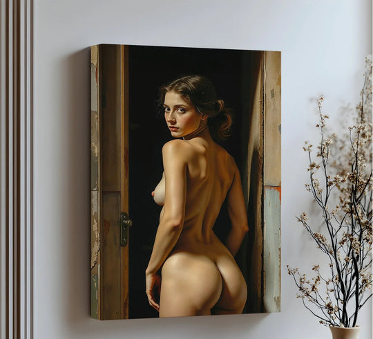 Depth and layers emerge in this erotic canvas print, a sensual canvas painting showcasing a nude woman poised within a darkened doorway.