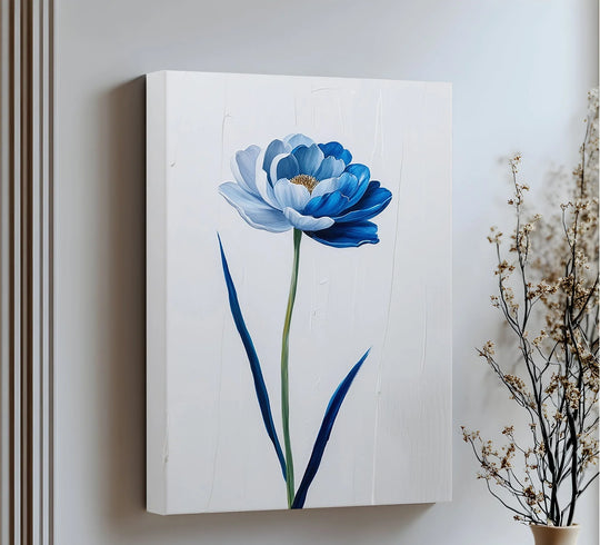 Evoking the abstract quality, the elegant blue petal flower canvas print is an eye-catching example of canvas wall art with a midnight bloom theme.