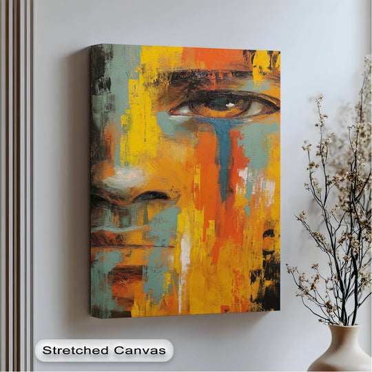 Displaying depth and layers, the abstract face in this emotional best canvas prints showcases textured details, bold colors, and the expressive 'Tears of Expression.'