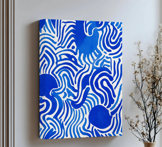 Brightest white spaces accentuate the rhythmic blue lines in this modern unique canvas print featuring a bold, electric pattern, adding an energetic touch.