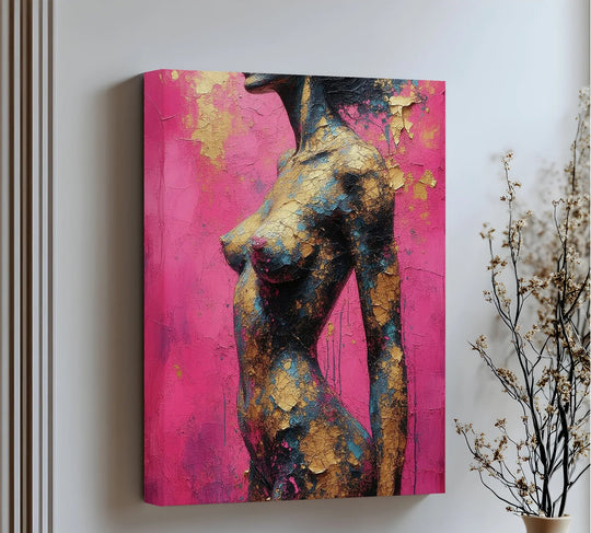 The focal point is the striking golden cracks on the abstract female figure within this textured canvas wall decor print against a vibrant pink background.