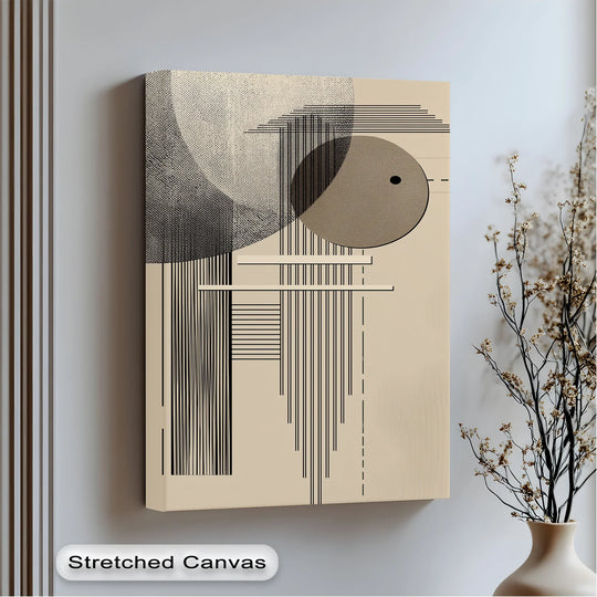 The stillness of the modern geometric harmony art is expressed through the understated lines and forms of this hanging canvas print.
