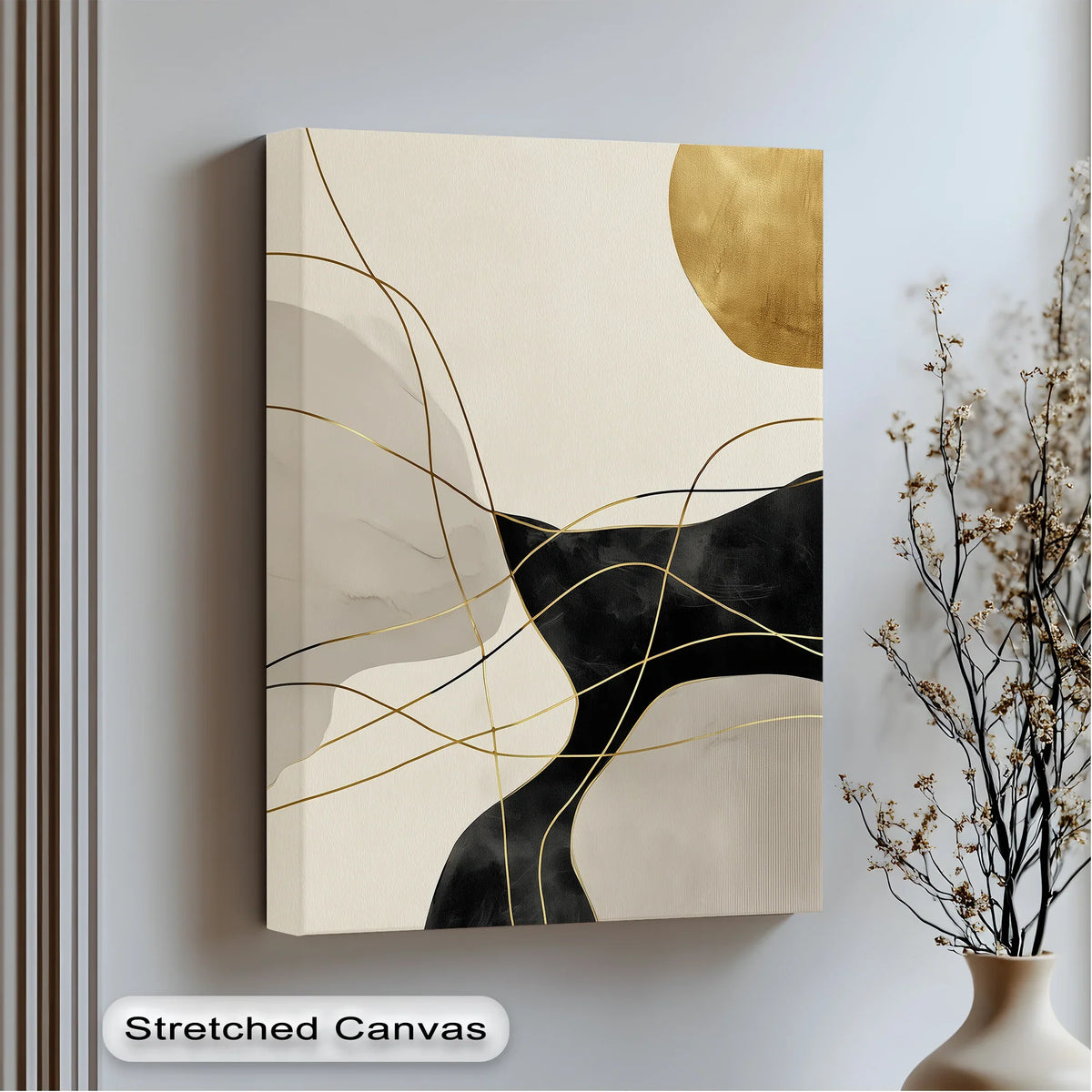 Tranquility emanates from the golden balance modern abstract big canvas prints, a study in muted tones and peaceful, flowing lines creating stillness.