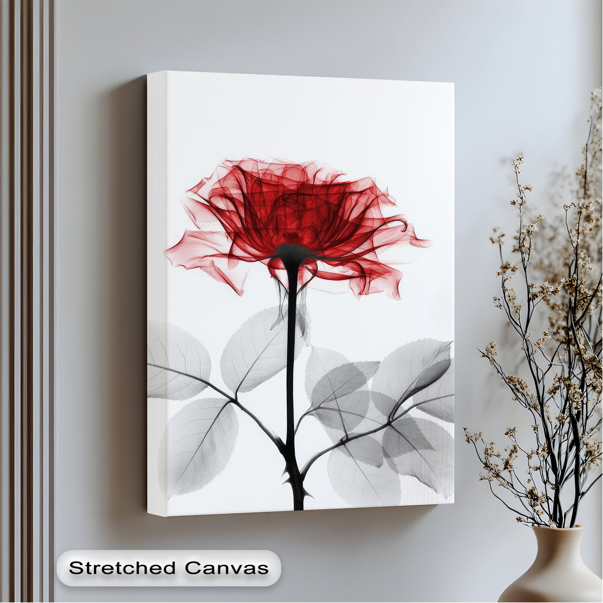 Translucent red rose canvas print with visible canvas texture