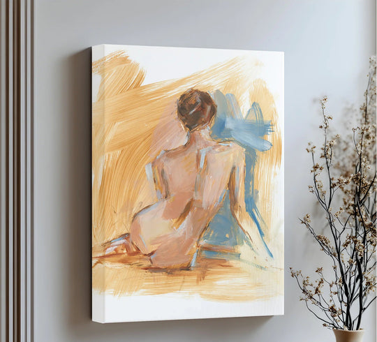Embracing the abstract quality, this expressive Backlit Grace shows an artistic nude study realized as a framed canvas print with bold brushstrokes in earth tones.