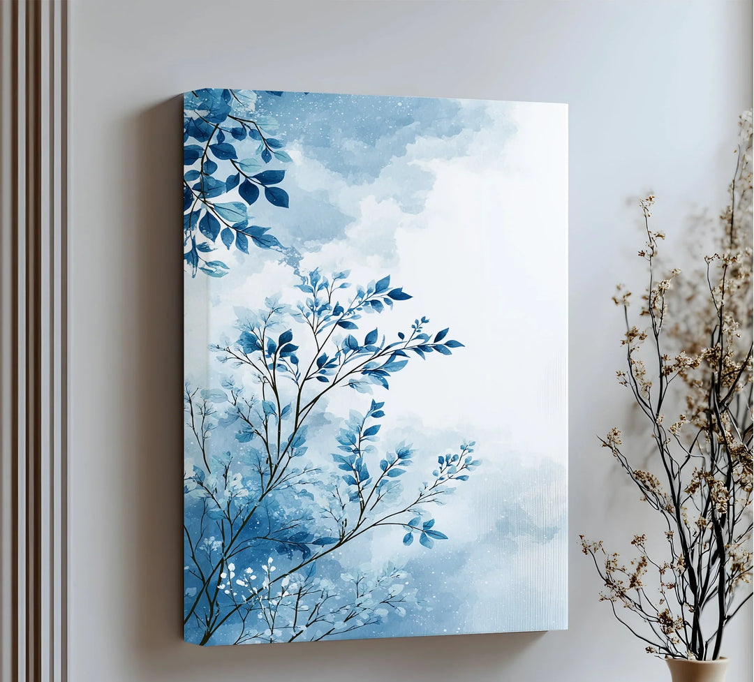 Blue Mist Botanical – Watercolor Leaves on Sky Toned Blue Canvas Prints - MyPhotoStation