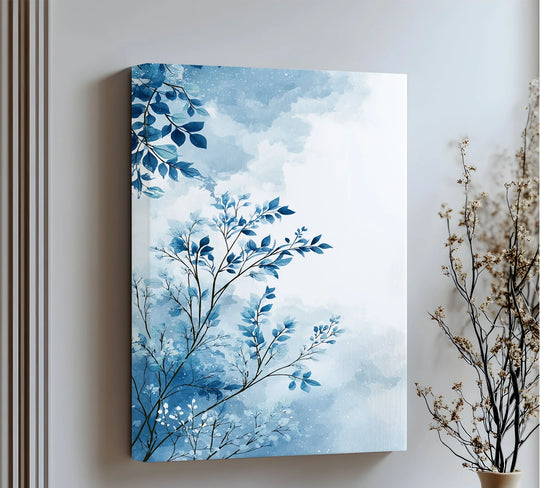Highlighting the realistic detail, a blue mist botanical features watercolor leaves with sky tones on these canvas wall art prints.